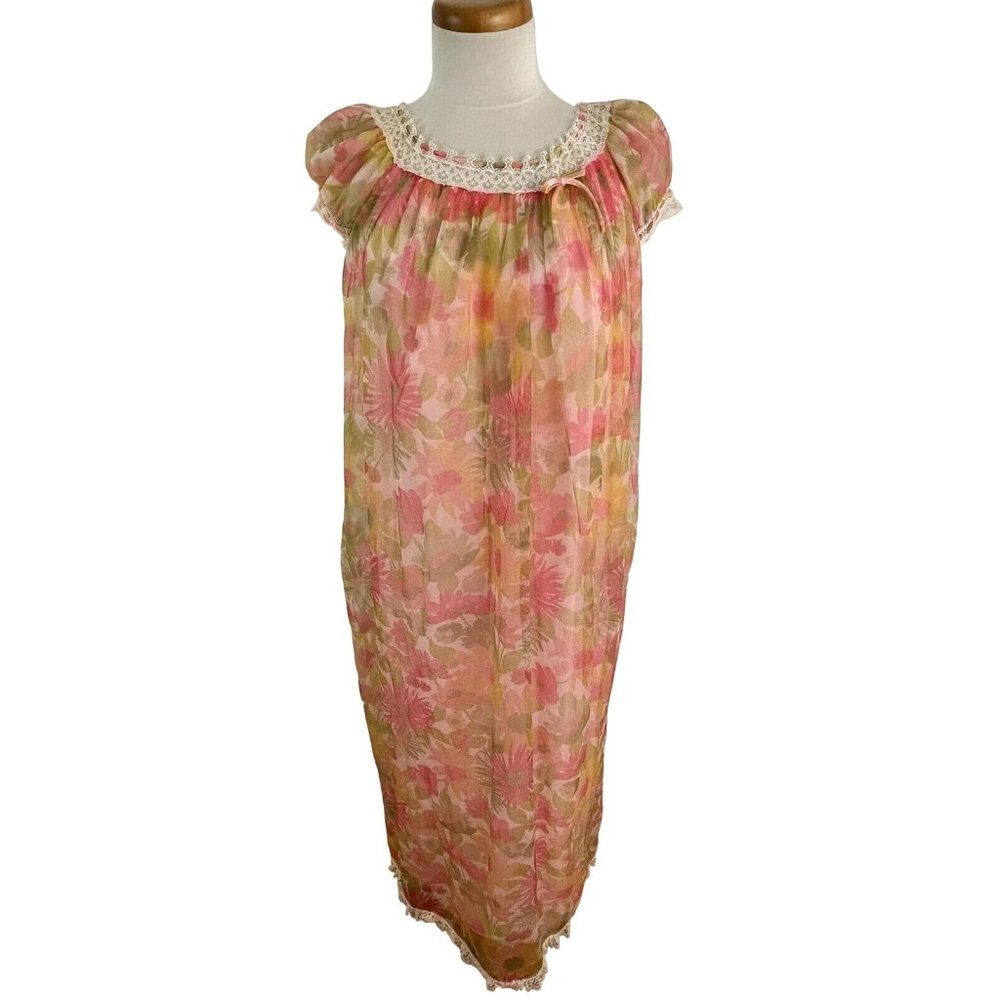 Vintage Slumber Suzy Women's M Nightgown Gown Floral Double Nylon Chiffon #5387